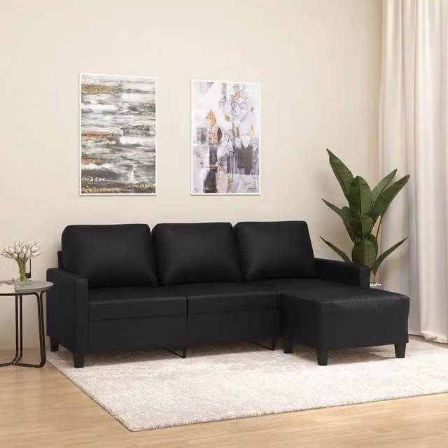 Divano a 3 posti con poggiapiedi vidaXL in similpelle nero L: 198 cm, P: 80 cm, H: 77 cm – 1