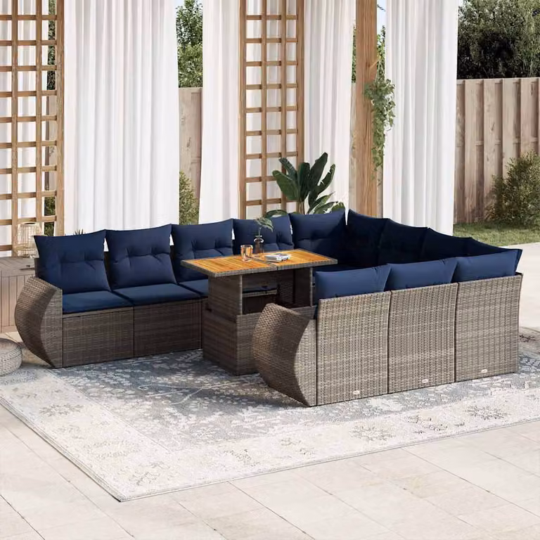 Set di divani da giardino vidaXL 11 pezzi con cuscini in polyrattan e legno di acacia oliato, colore grigio e blu