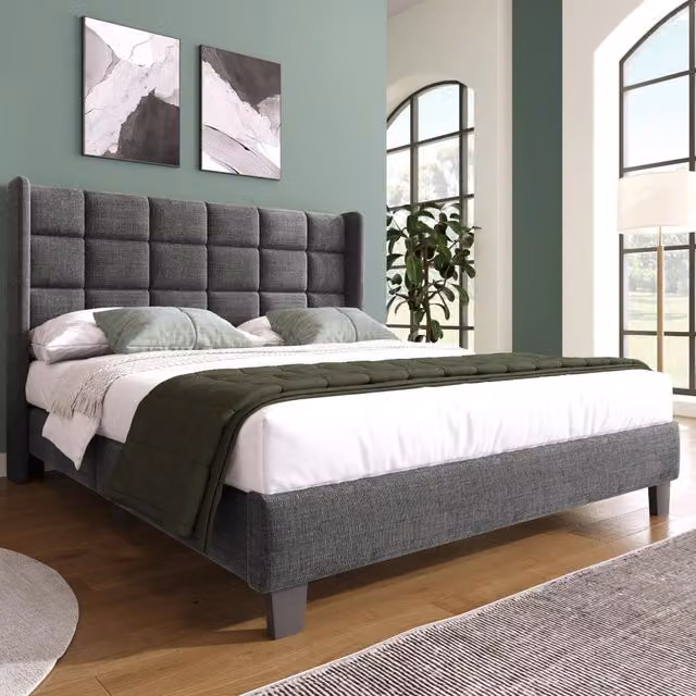 Letto matrimoniale imbottito 140 × 200 cm con rete a doghe in lino grigio testiera alta e piedi neri