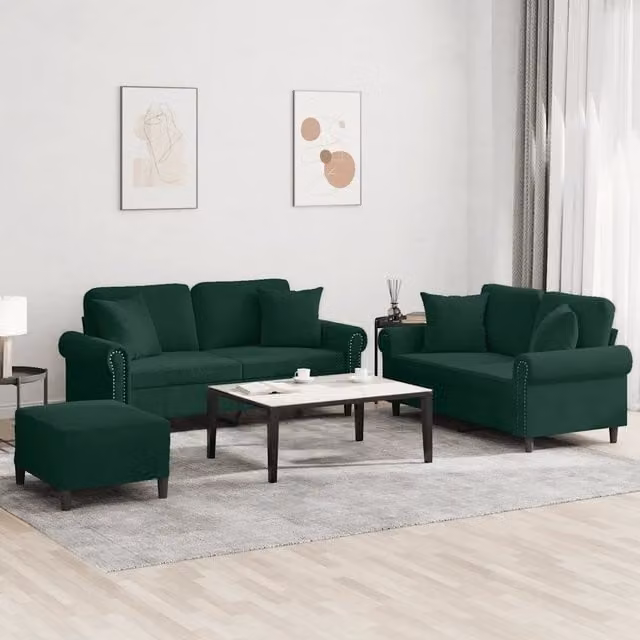 Set di divani 3 pezzi vidaXL in velluto verde con cuscini per soggiorno moderno L/P/H: 152 x 80 x 76 cm