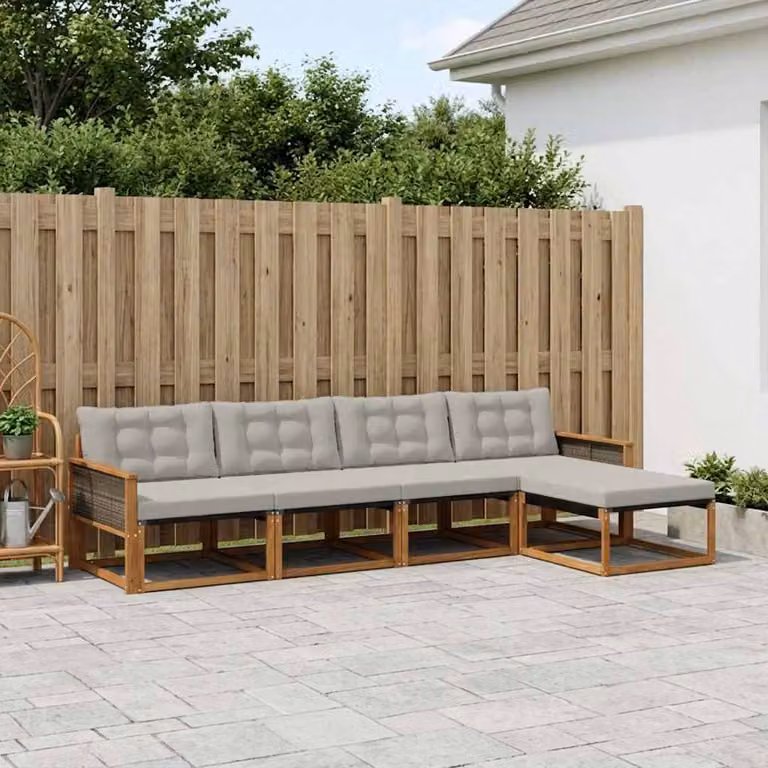 Set di divani da esterno vidaXL a forma di L in legno di acacia trattato con sedute in textilene, colore beige e grigio, composto da 5 pezzi con pouf e cuscini inclusi