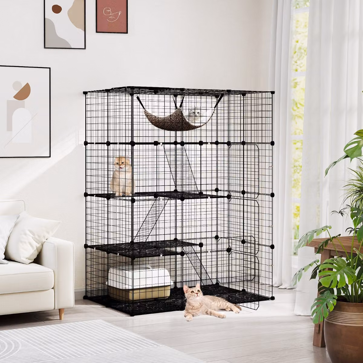 Gabbia per gatti Costway a 4 piani con accessori, recinto da interno in metallo nero, Altezza: 143 cm