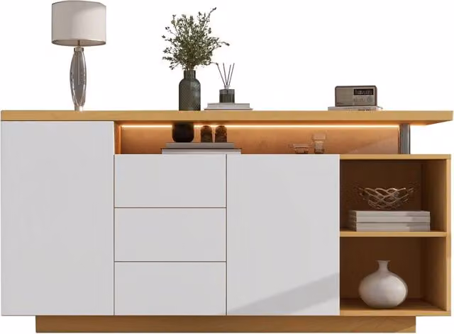 Mobile Soggiorno Bianco e Rovere 140cm Madia con Luci LED 2 Ante e 3 Cassetti