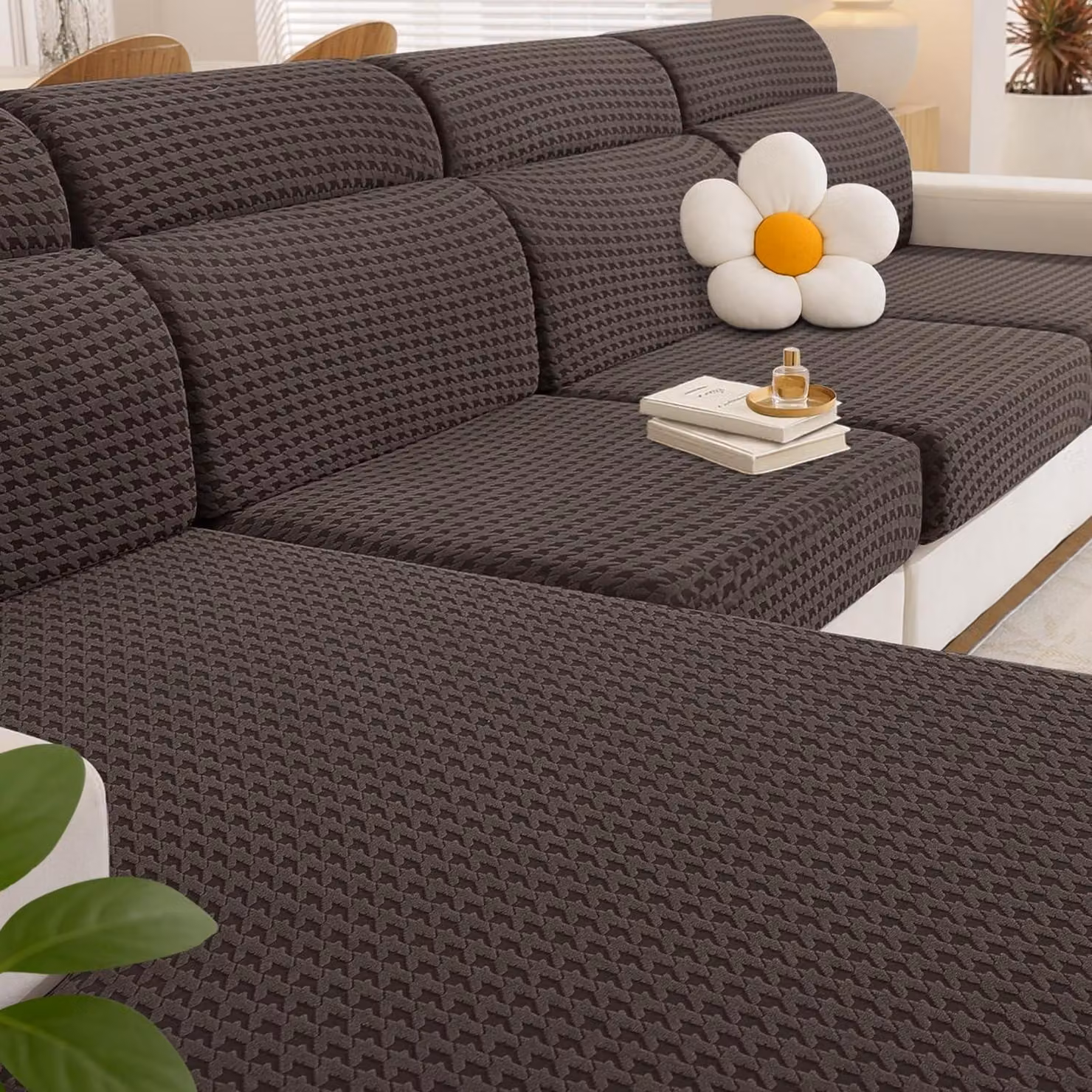 Copertura elastica per cuscini del divano, colore marrone, per 1 divano a 2 posti e 1 chaise longue