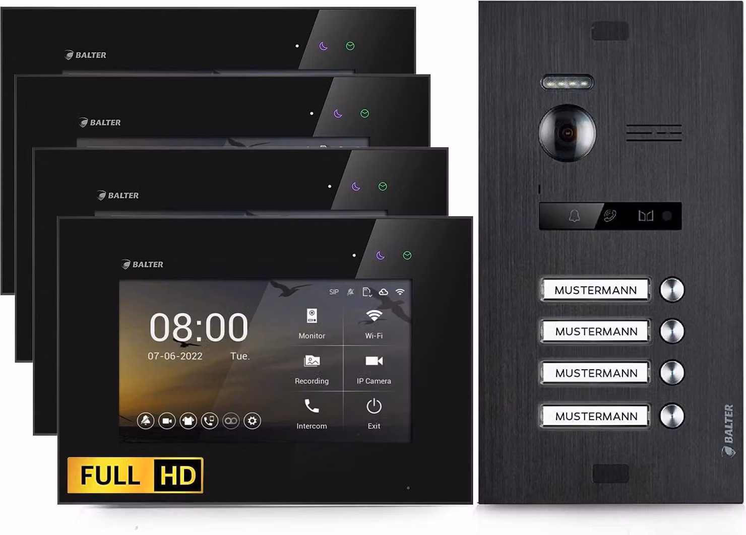 Videocitofono HD per casa quadrifamiliare, 4x monitor, Balter EVO HD Nero