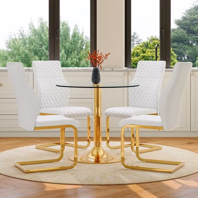 Tavolo da pranzo con 4 sedie in vetro temperato e metallo dorato, stile moderno, per sala da pranzo e soggiorno