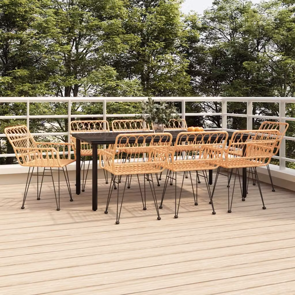 Set da pranzo da giardino vidaXL in 9 pezzi in polyrattan con piano in vetro nero e marrone
