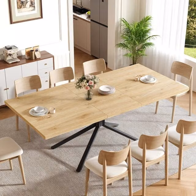 Tavolo da pranzo allungabile 120/160x90 cm in MDF e metallo nero; finitura legno