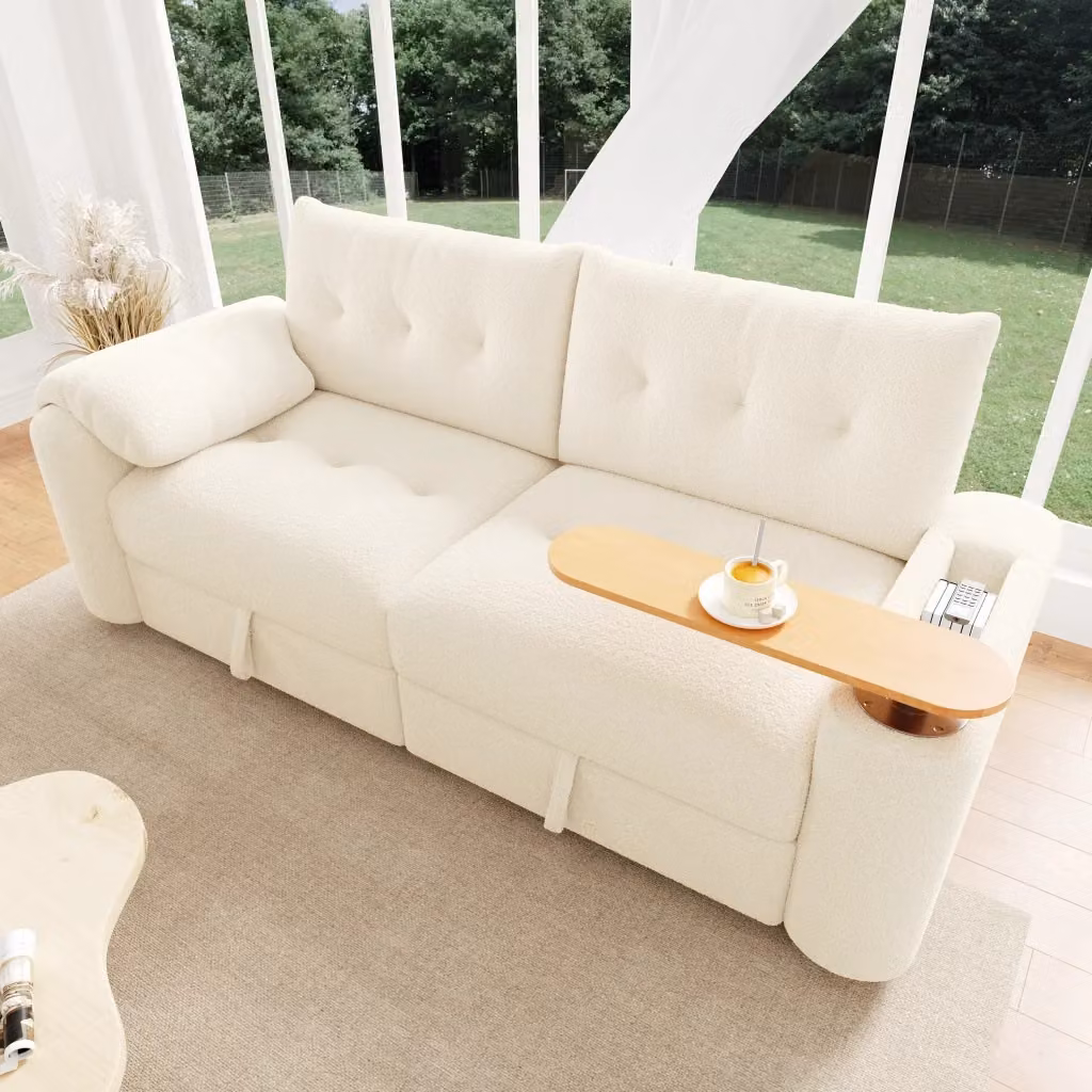 Divano modulare WISHDOR in tessuto bouclé beige con poggiatesta regolabile L: 207.5 cm, P: 87 cm, H: 80 cm – 2