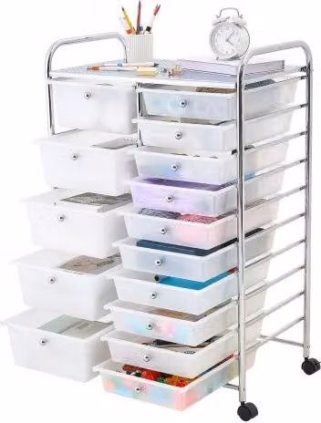 VEVOR Carrello Multiuso con 15 Cassetti Organizer in Acciaio Cromato e Ruote Girevoli a 360 con Freni, Colore Argento e Bianco