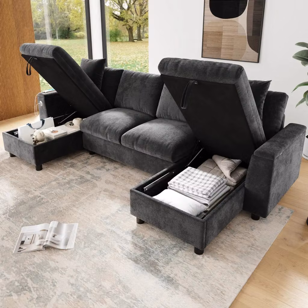Divano panoramico a U MIVRAY in ciniglia grigio con chaise longue contenitore, porte USB e Type-C, L: 279 cm, P: 84 cm, H: 135 cm – 2