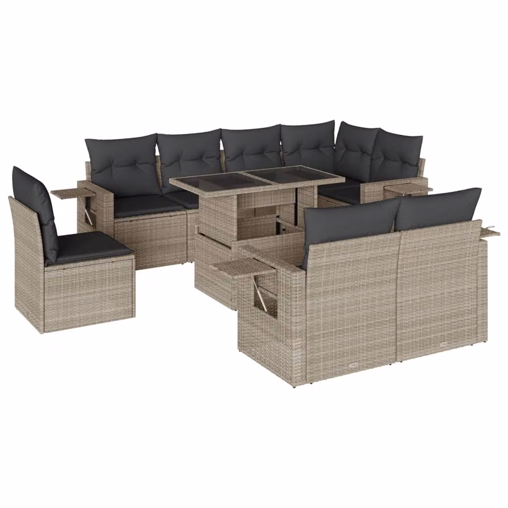 Set Divano da Giardino 9pz con Cuscini Grigio Chiaro Polyrattan