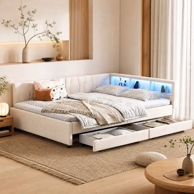 Letto matrimoniale 140x200 cm beige in lino e MDF, LED con USB C e 2 cassetti, senza materasso