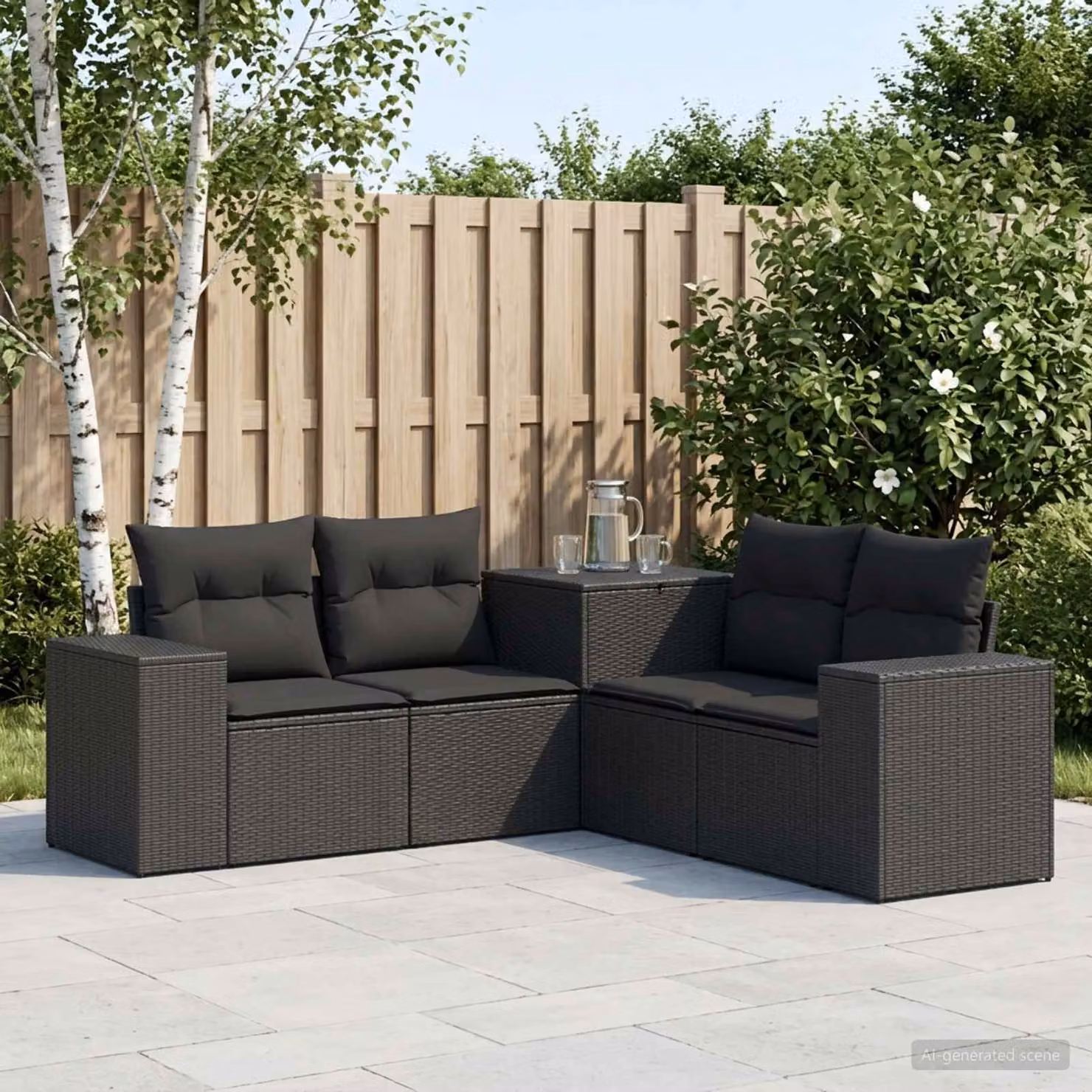 Set di divani da giardino vidaXL a forma di L composto da 5 pezzi in rattan sintetico e acciaio nero con cuscini inclusi