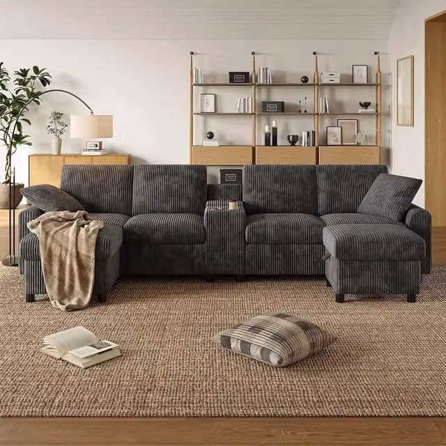Divano a U in velluto - Xylo - Con 2 poggiapiedi, USB, Type-C, grigio (315cm)