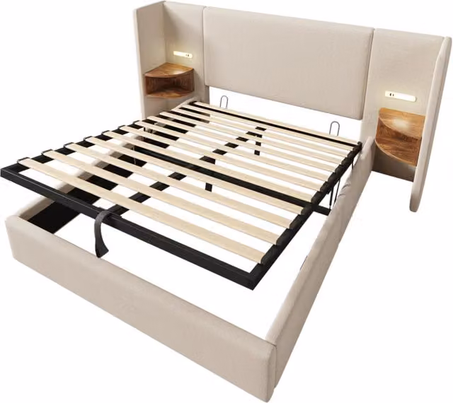 Letto matrimoniale 160x200 beige con contenitore, illuminazione da lettura e ricarica USB Type-C, struttura in legno massello e metallo senza materasso