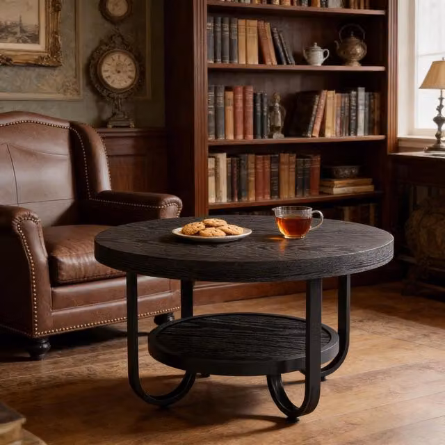 Tavolino basso fisso rotondo a due ripiani in MDF e metallo nero con piano superiore da 79 cm