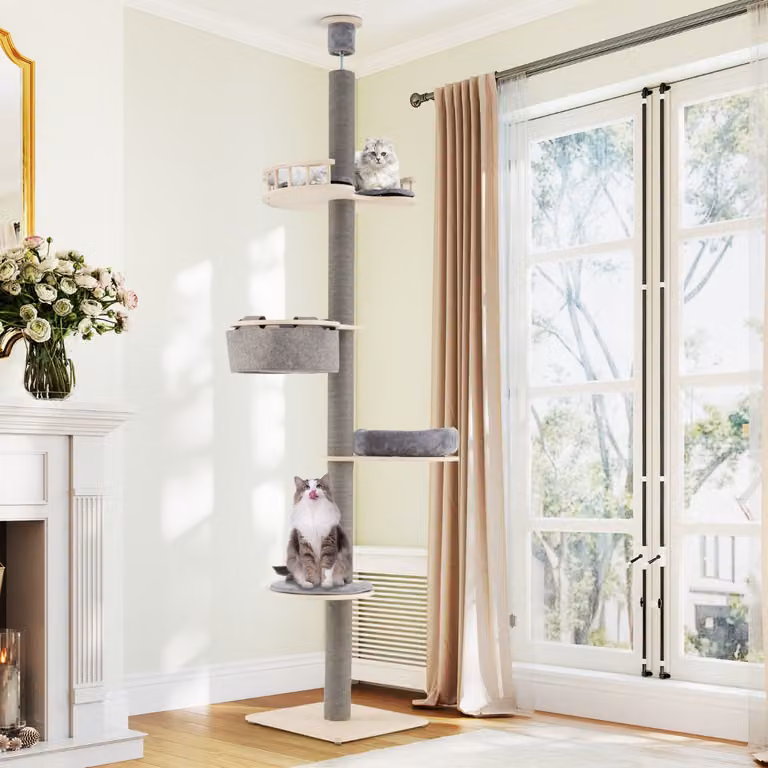 Albero per gatti Costway da pavimento a soffitto con amaca, torre in legno a 5 livelli, Grigio, Altezza regolabile: 236-271 cm