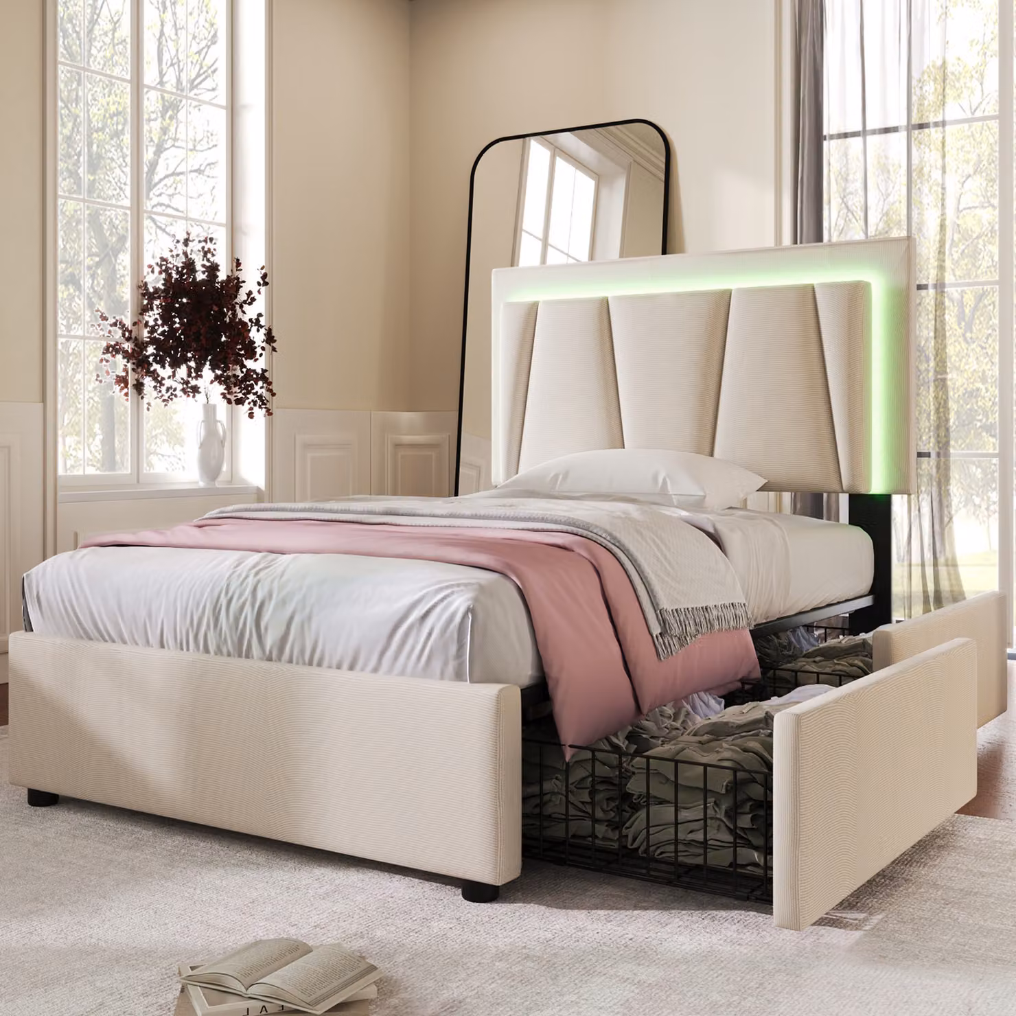 Letto imbottito Sweiko con illuminazione LED e 2 cassetti, letto singolo 90x200cm struttura letto contenitore, beige