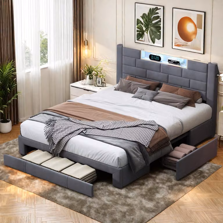 Letto imbottito ProximaX 140x200cm con funzione di ricarica (USB&Typ-c), 3 cassetti, letto contenitore letto in legno massiccio con LED e rete a doghe, velluto letto matrimoniale letto contenitore letto funzionale, grigio