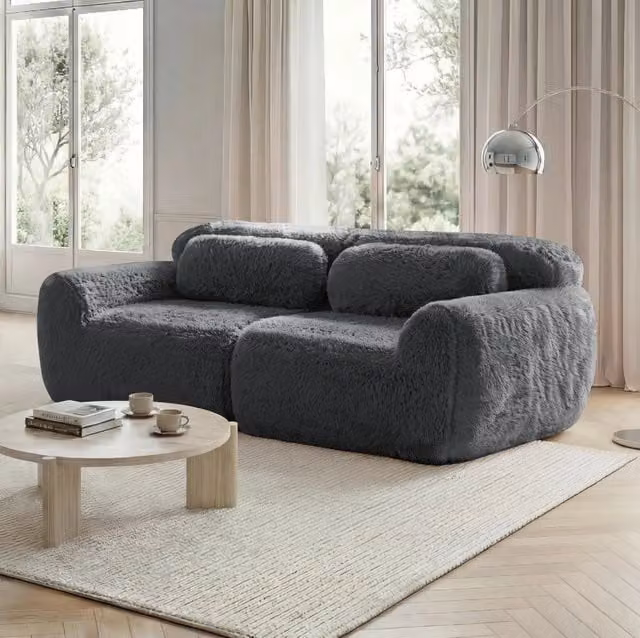Divano modulare angolare in tessuto peluche grigio; senza montaggio