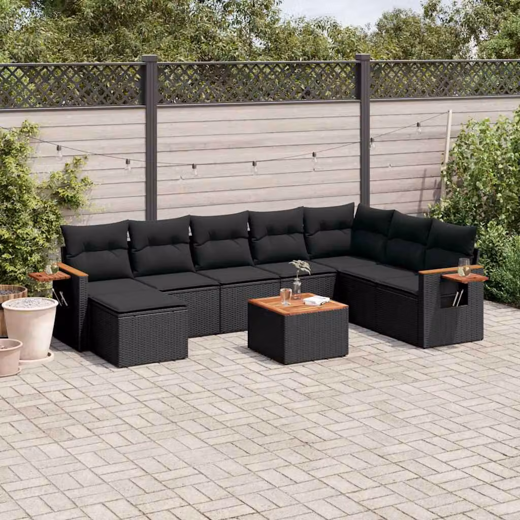 vidaXL Set Divani da Giardino 9 pz in Polyrattan Nero con Cuscini e Tavolino da Esterno a Forma di L – 1