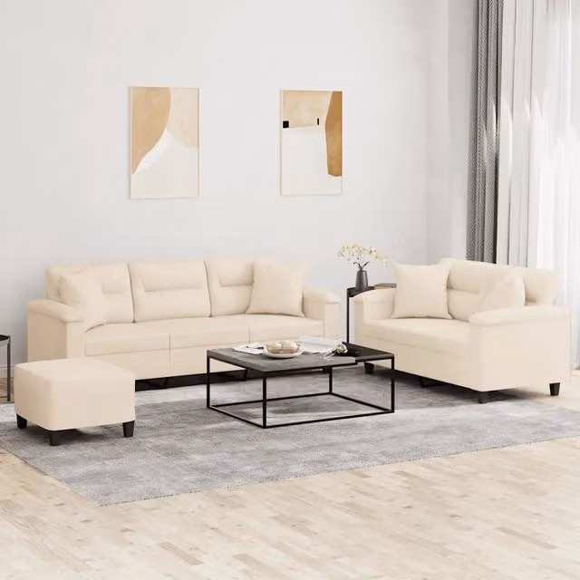 Set di Divani Moderno vidaXL in Microfibra Beige con Pouf e Cuscini per Soggiorno