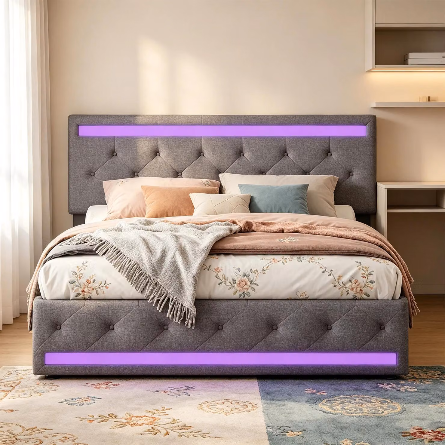 Letto imbottito - Letto matrimoniale 140 x 190 cm - 4 cassetti - Illuminazione LED - Poggiatesta regolabile - Rivestimento in lino - Grigio
