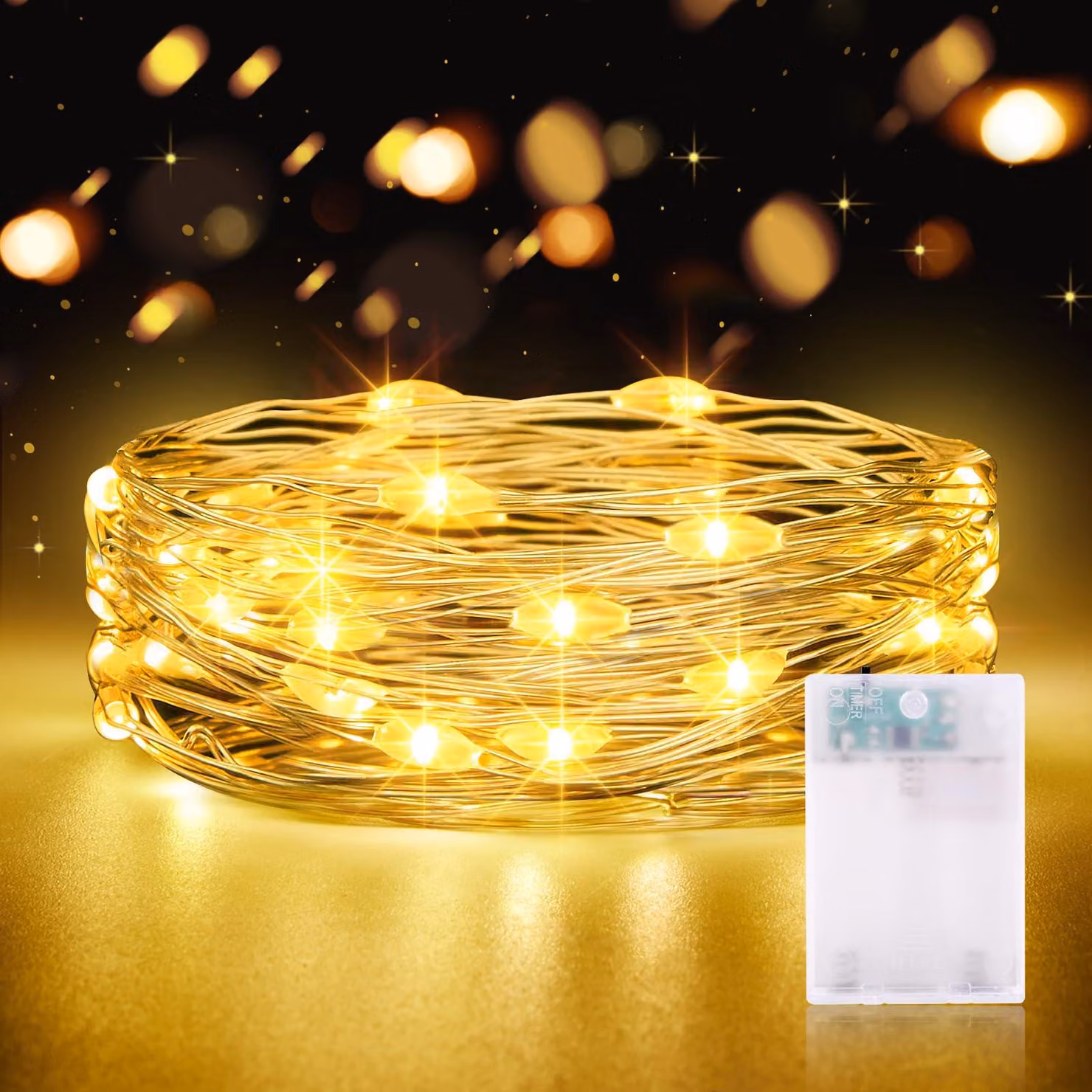 Catena luminosa a LED, 2 metri, 20 LED, luce bianco caldo, alimentazione a batteria, con timer
