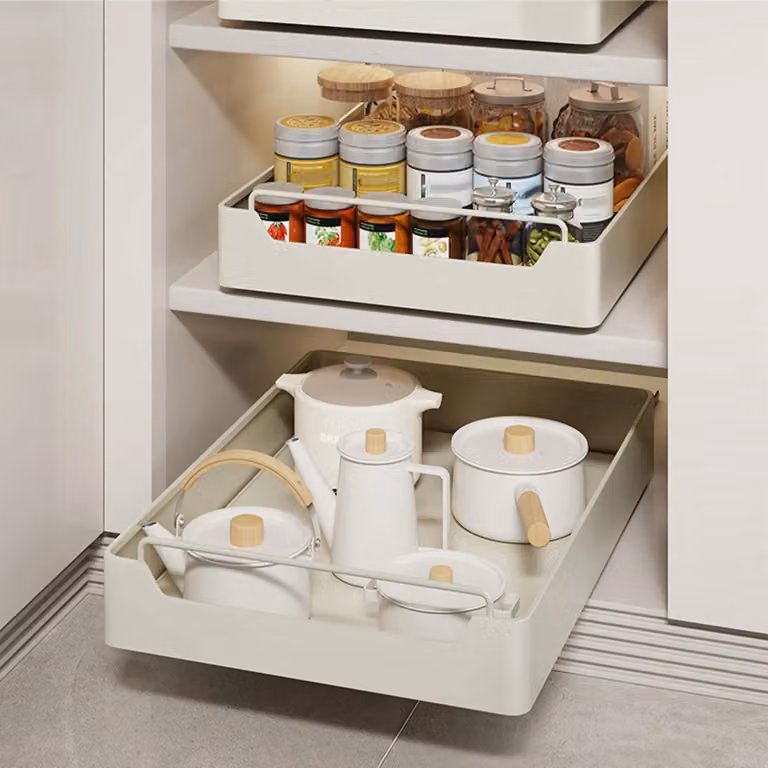 Organizer estraibile per armadi - Ripiano scorrevole per cassetti da 25 cm - Guide ammortizzate - PA+PE - Per cucina e dispensa - Verde chiaro
