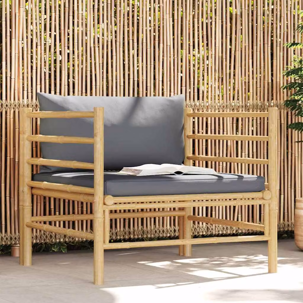 vidaXL Divano da Giardino Moderno in Bambu con Cuscini Imbottiti Grigio – 1