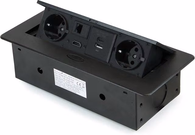 Multiconnettore Emuca Atom 26 Nero con 2 prese Schuko, 1 USB tipo A, 1 USB tipo C, 1 RJ45 e 1 HDMI, L 22,5 cm x P 11,1 cm