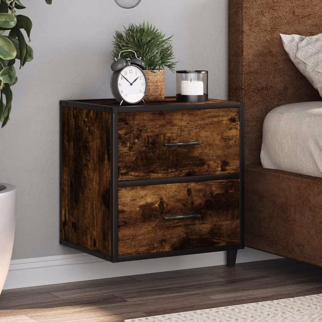 Set di 2 comodini da muro vidaXL in stile industriale, colore rovere fumo, L 40 cm x P 31 cm x H 39,5 cm