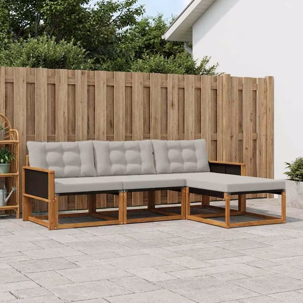 Set di divani da esterno vidaXL a forma di L in legno di acacia con pouf e cuscini, Beige e Grigio