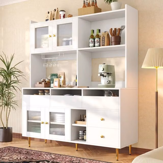 Credenza e madia con vetro cannettato, cassetti, portabottiglie e ripiani per cucina, in MDF bianco, 145 × 39 × 171 cm