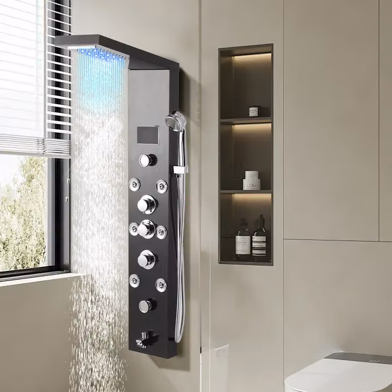 Jopassy Pannello doccia per bagno Sistema doccia idromassaggio Doccia a pioggia Pannello doccia multifunzionale 6 grandi getti massaggianti Colonna doccia, nero