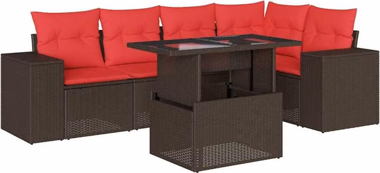 Set Divani da Giardino 6 pz con Cuscini Marrone in Polyrattan