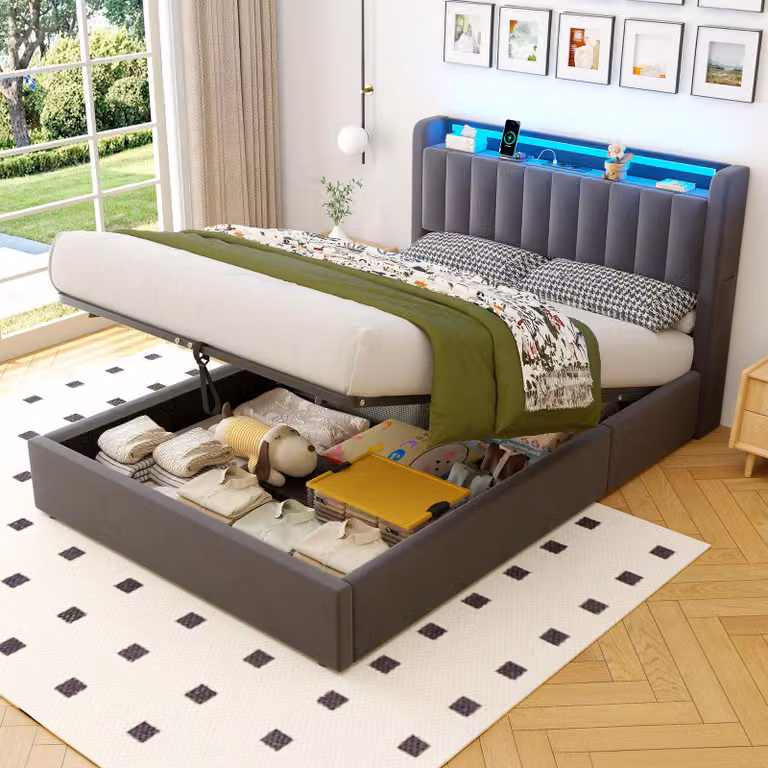 Letto boxspring imbottito MODFU 140x200, letto per ragazzi con luce a LED e prese elettriche, struttura con contenitore, letto con spazio contenitivo, grigio (senza materasso)