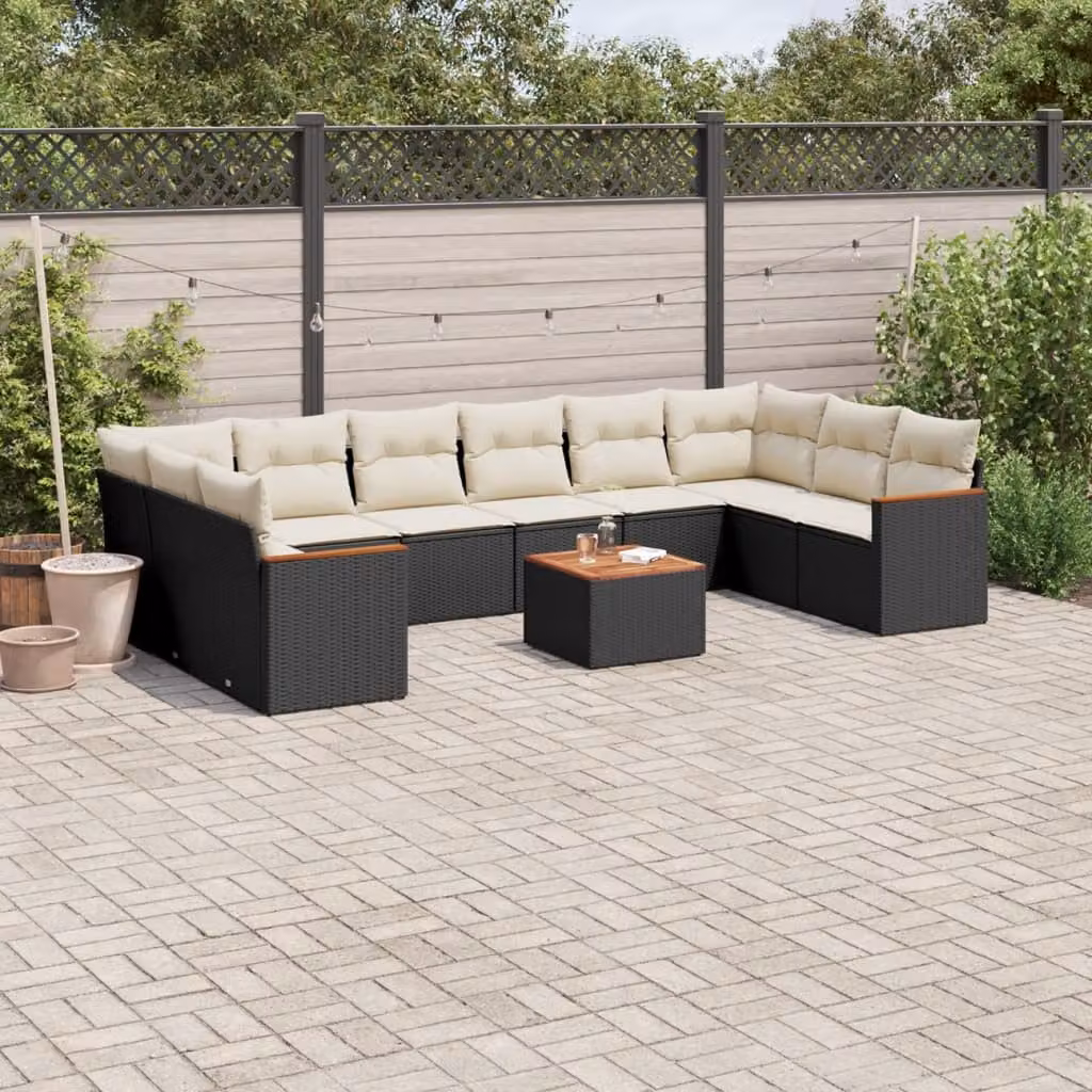 vidaXL Set Divani da Giardino 11 pz in Polyrattan Nero con Cuscini e Tavolino da Esterno – 1