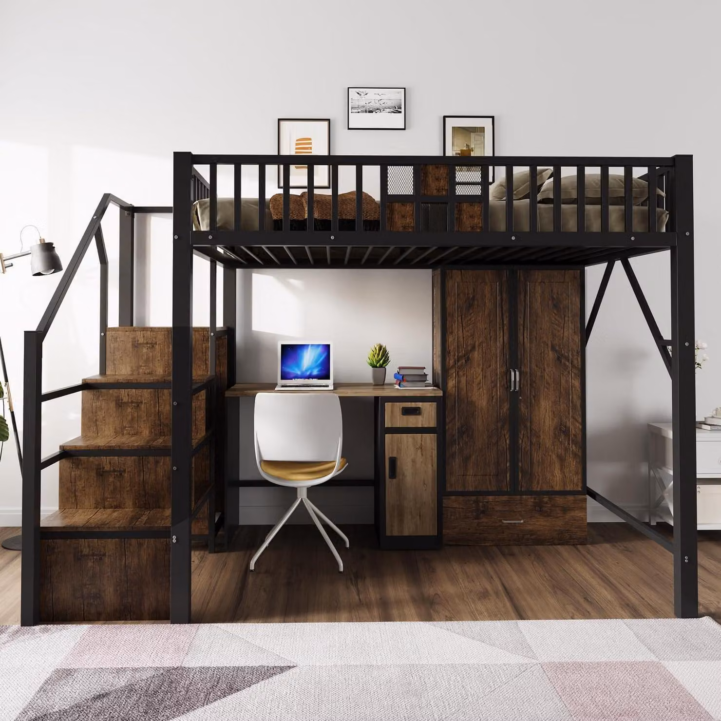 Letto a castello in metallo, 140x200 cm, con spazio contenitivo, armadio, scaffali e cassetti, colore nero