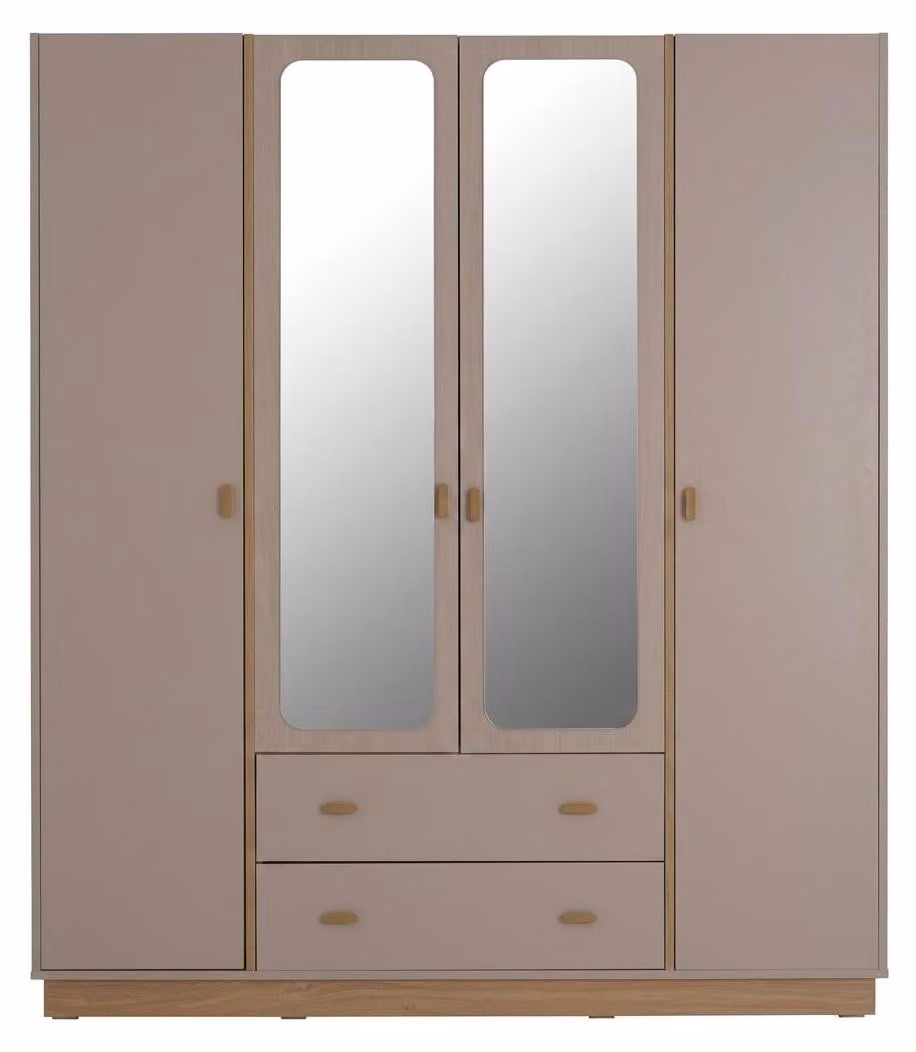 Armadio a 4 ante in legno color beige, pratico e moderno, ideale per una camera da letto giovanile