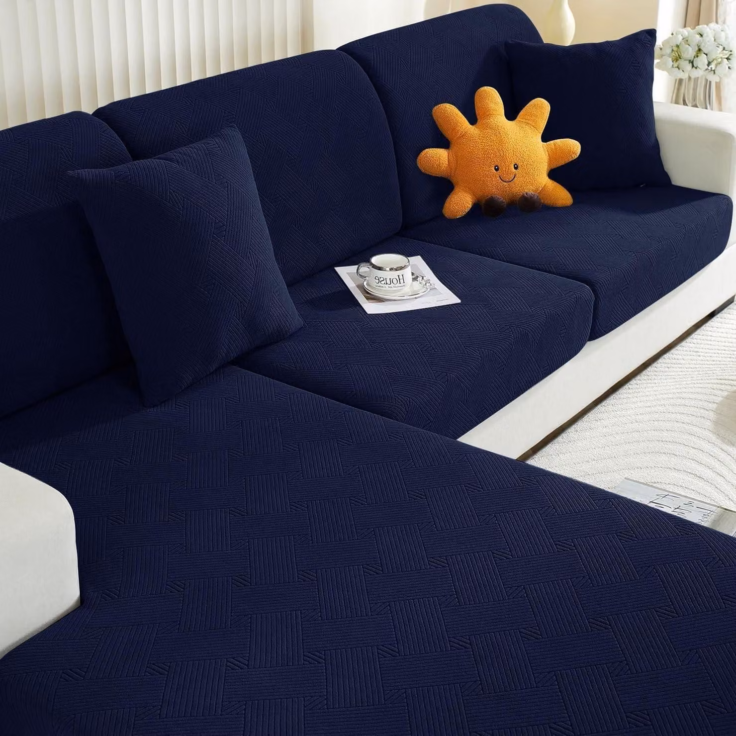 Copertura elastica per cuscini da seduta, colore blu, per 1 posto * 2 posti + chaise longue, motivo geometrico, antiscivolo, protezione a 360°