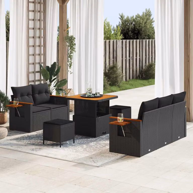 Set Divano da Giardino vidaXL 10 Pezzi Nero con Cuscini e Tavolino in Polyrattan e Metallo