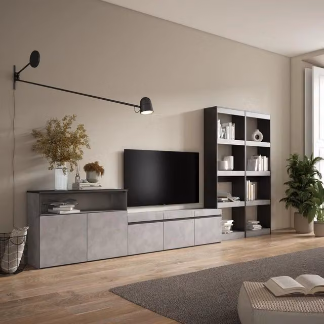 Mobile TV, Soggiorno, 370x35x186cm, Per TV fino a 65", Set di mobili, grigio cemento RF3170