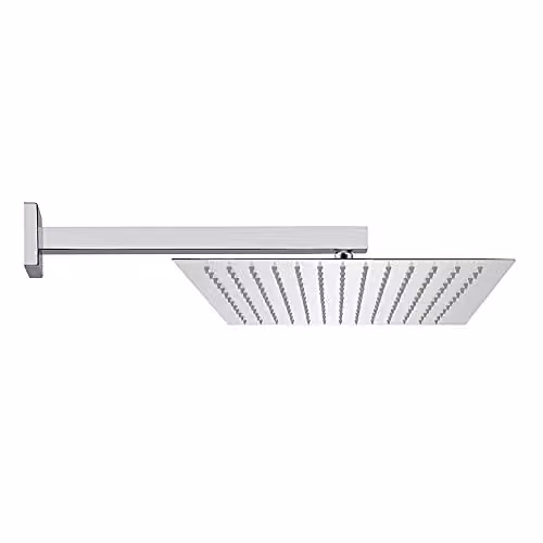 Kit doccia cromato lucido con braccio 40 cm e soffione quadrato 40x40 cm, in acciaio inox con snodo orientabile e ugelli anticalcare