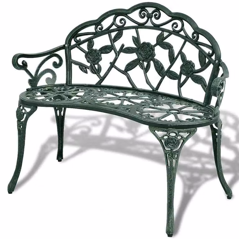 Panca da giardino in alluminio pressofuso - 100 cm - Verde - 2 posti - Gambe in ghisa - Motivo decorativo a fiori