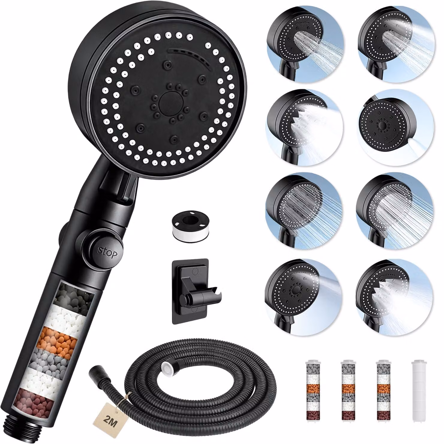 Doccia con filtro, 8 tipi di getto, colore nero, tubo da 2 metri