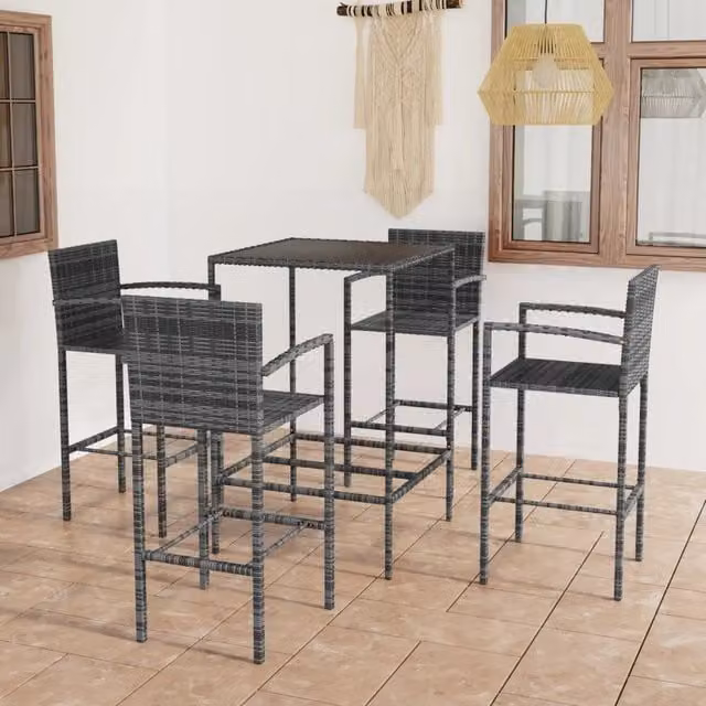 Set Bar da Giardino vidaXL in Polyrattan Grigio con Piano in Vetro, 5 Pezzi – 1
