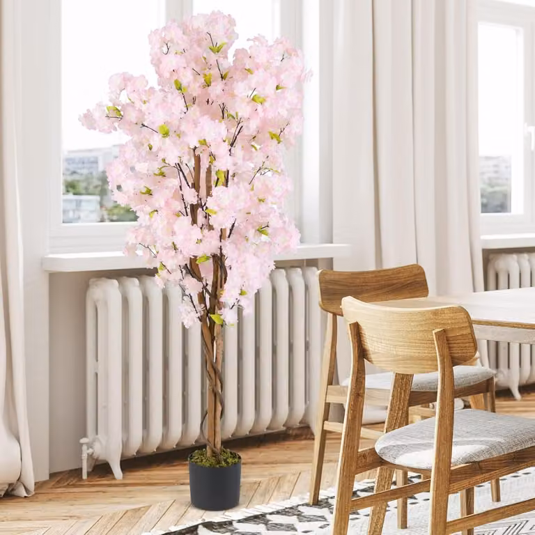 Set di 2 alberi di ciliegio artificiali Costway con fiori rosa e foglie verdi, Altezza: 150 cm