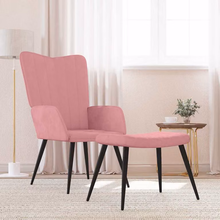 Poltrona Relax con Sgabello vidaXL in Velluto Rosa con Braccioli e Struttura in Metallo